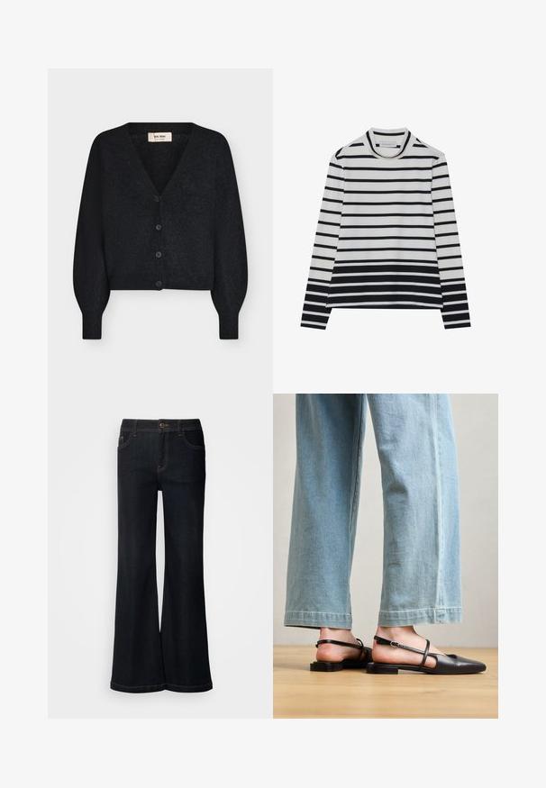 Sort blød strikket cropped cardigan med V-hals, lange puffede ærmer og fire knapper foran, vist på hvid baggrund.; Langærmet bluse lavet af bomuld, med vandrette sorte og hvide striber, en høj mock neck og en afslappet pasform med sidesplits.; Mos Mosh MMDARA DELUXE JEANS - Jeans Relaxed Fit - dark blue; Sorte læder slingback-sko med spidse tæer, flad hæl og ankelrem; båret med lyseblå viddebenede jeans.
