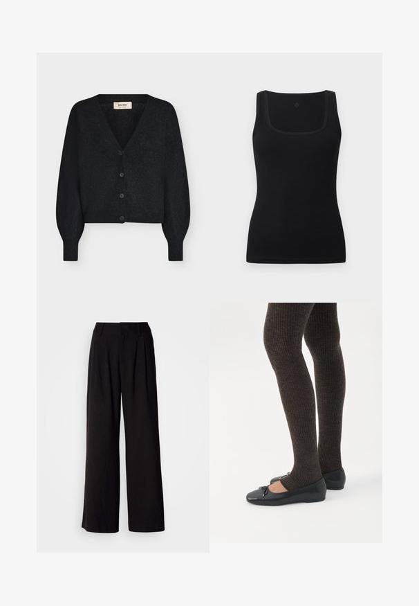 Sort blød strikket cropped cardigan med V-hals, lange puffede ærmer og fire knapper foran, vist på hvid baggrund.; Sort tætsiddende tanktop lavet af glat stof, med en firkantet halsudskæring og brede stropper; uden synlige mønstre eller accenter.; Sorte bukser med vid benvidde lavet af glat stof, med folder foran, en tætsiddende talje og uden synlige mønstre eller detaljer.; Ben iført mørke ribbede leggings kombineret med sorte balletsko med små sløjfedetaljer på hvid baggrund.