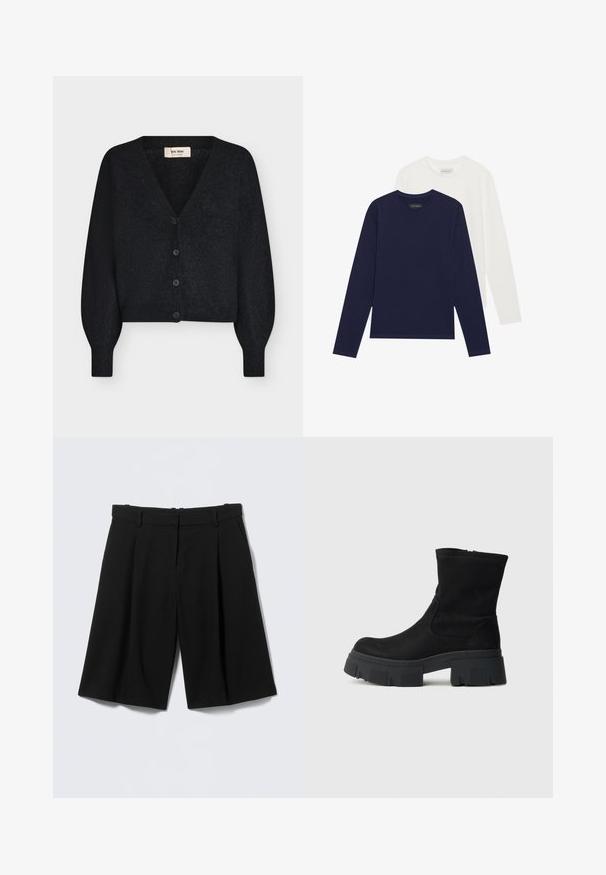 Sort blød strikket cropped cardigan med V-hals, lange puffede ærmer og fire knapper foran, vist på hvid baggrund.; To lange ærmede t-shirts, en marineblå og en hvid, lavet af glat bomuld. Begge har rund halsudskæring og lige nederkant.; Sorte, skræddersyede shorts til knæet med bæltestropper, forreste folder og sidelommer, vist på en ensfarvet lys baggrund.; Sort ruskind ankelstøvle med en kraftig sort gummisål, rundet tå og minimalistisk design. Har elastiske sider for nem påtagning.