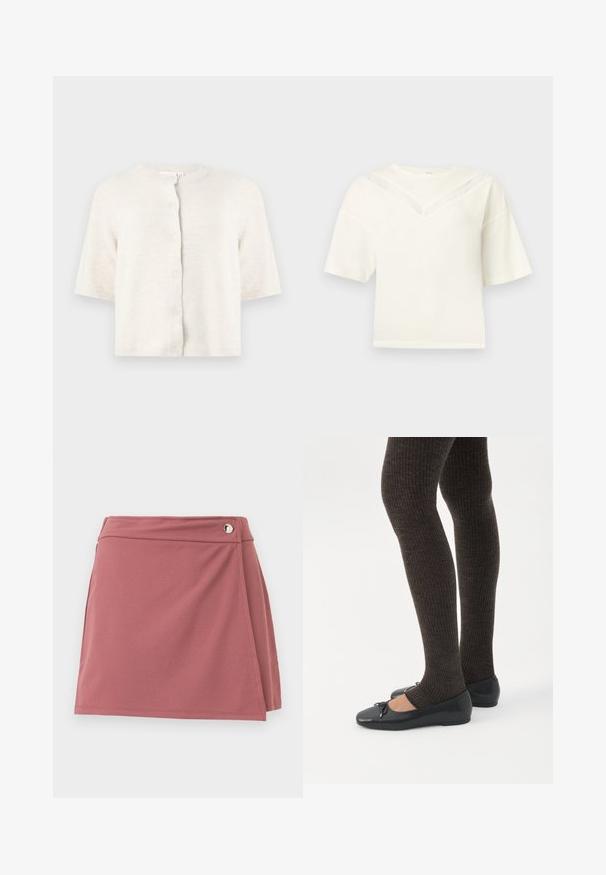Cardigan en maille crème à manches courtes avec col rond et cinq boutons sur le devant, sur un fond clair uni.; Haut blanc à manches courtes avec une coupe ample et un motif en V délicat en dentelle sur la poitrine et les épaules, présenté sur un fond uni.; Jupe portefeuille courte en rose poussiéreux avec un petit bouton argenté près de la ceinture sur un fond clair uni.; Jambes portant des leggings côtelés foncés associés à des ballerines noires avec de petits détails en nœud sur fond blanc.
