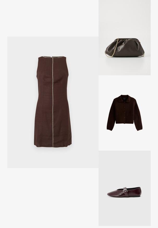 Donkerbruin gebreid vest met lange mouwen, knopen aan de voorkant, twee voorzakken en een puntige kraag.; Mouwloze donkerbruine jurk met beige verticale naaddetails in het midden en rondom de ronde halslijn.; Bordeaux leren balletschoenen met een puntige neus, een platte zool en een decoratieve gesp over de wreef. Glad, glanzend oppervlak.; Bruine leren handtas met een geaccentueerd ontwerp, gouden kettinghengsel en een zachte, textuurafwerking. Compacte vorm geschikt voor avondgebruik.