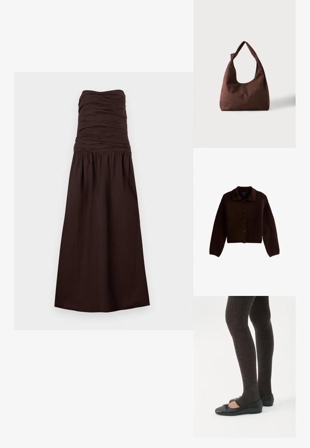 Donkerbruin gebreid vest met lange mouwen, knopen aan de voorkant, twee voorzakken en een puntige kraag.; Donkerbruine strapless maxi-jurk met geplooide lijf en verzamelde taille, uitlopend in een lange rok.; Benen met donkere geribbelde leggings gecombineerd met zwarte ballerina's met kleine strikdetails op een witte achtergrond.; Bruine gestructureerde stoffen handtas met een enkele handgreep die in een knoop is gebonden, weergegeven tegen een effen lichte achtergrond.