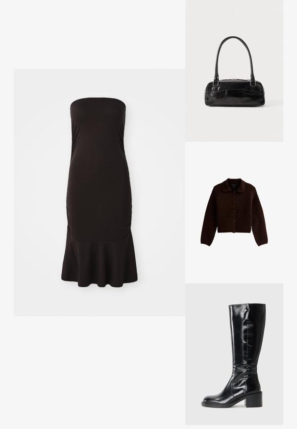 Cárdigan de punto marrón oscuro con mangas largas, botones en el frente, dos bolsillos frontales y un collar puntiagudo.; Vestido negro sin mangas hecho de tela elástica, con un corsé ajustado y un dobladillo acampanado, con detalles fruncidos en los laterales para añadir textura.; Botas negras hasta la rodilla con un acabado de piel brillante, puntera redondeada y tacón cuadrado. Textura suave con detalles de costura visibles.; Bolso de mano de cuero negro con forma rectangular, equipado con un asa estructurada, herrajes en plata y cierre de cremallera. Textura suave.