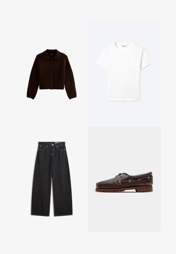Donkerbruin gebreid vest met lange mouwen, knopen aan de voorkant, twee voorzakken en een puntige kraag.; Effen wit T-shirt met korte mouwen en ronde hals met een klein "WEEKDAY" label aan de binnenkant van de hals, plat neergelegd op een lichte achtergrond.; Zwarte wijde spijkerbroek met een hoge taille, vijf zakken, contrasterende stiksels en een knoopsluiting. Gladde textuur met een klassieke snit.; Bruine leren bootsschoen met gouden oogjes, ronde veters en een gestructureerde bruine rubberen zool. Kenmerkt zich door gestikte details en een verhoogd logo.
