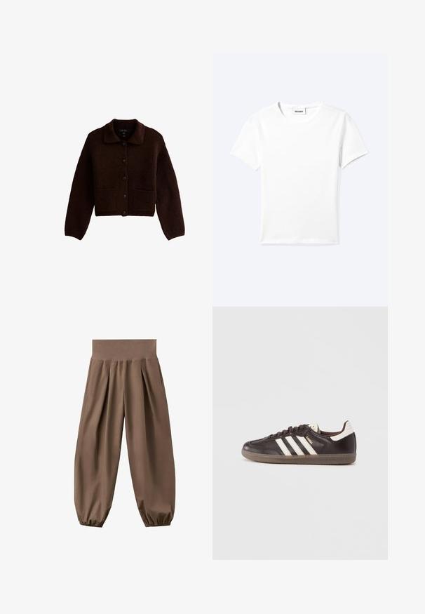 Cardigan tricoté marron foncé avec des manches longues, des boutons sur le devant, deux poches avant et un col pointu.; T-shirt blanc uni à manches courtes et col rond avec une petite étiquette "WEEKDAY" à l'intérieur de l'encolure, présenté à plat sur un fond clair.; Pantalon ample marron taille haute avec poignets élastiques froncés et plis avant, présenté sur un fond blanc.; Baskets en cuir marron foncé avec un design à trois bandes blanches, une semelle en caoutchouc et l'inscription "Samba" en lettres dorées sur le côté. Forme classique basse.
