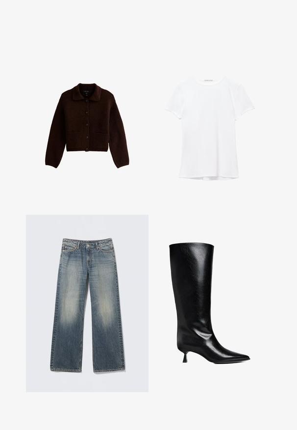 Donkerbruin gebreid vest met lange mouwen, knopen aan de voorkant, twee voorzakken en een puntige kraag.; Witte short-sleeve t-shirt van gladde stof, met een ronde halslijn en subtiele stiksels bij de zoom.; Lichtblauwe, wijd uitlopende spijkerbroek van denim. Verbleekte delen op de dijen en knieën. Standaard tailleband met vijf zakken en metalen accenten.; Zwarte leren laars tot de knie met een puntige neus, slank silhouet en een lage blokhak met een glanzende afwerking.