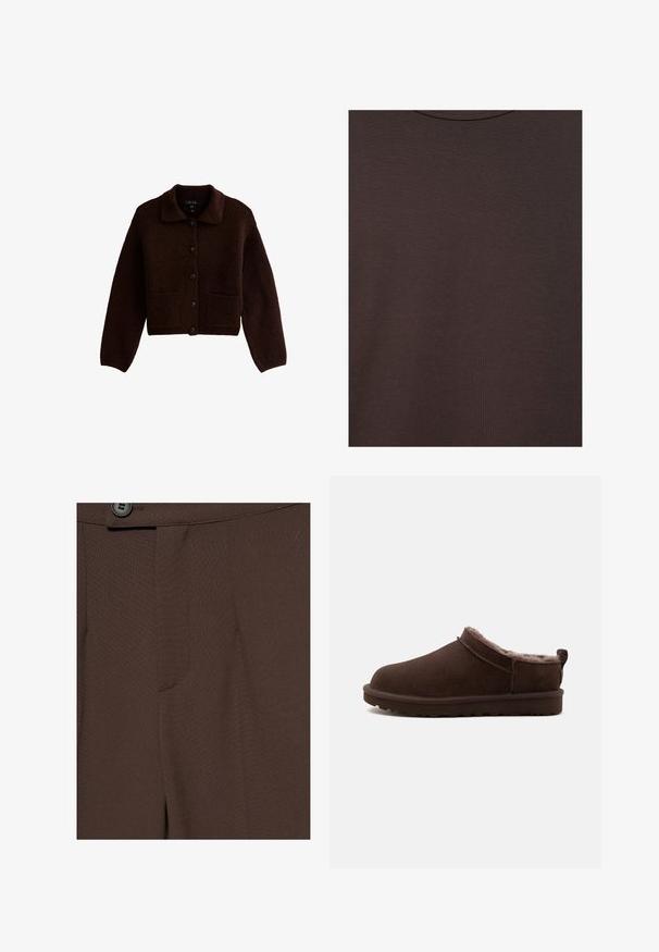Cardigan tricoté marron foncé avec des manches longues, des boutons sur le devant, deux poches avant et un col pointu.; T-shirt col rond marron foncé en tissu tricoté doux avec une fine texture côtelée.; Gros plan sur un pantalon marron foncé sur mesure avec un bouton et une ceinture visibles en haut.; Chausson marron à enfiler avec doublure en peluche douce et semelle en caoutchouc plate, conçu pour le confort et la chaleur à l'intérieur.
