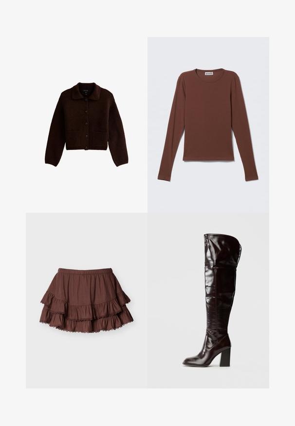 Cárdigan de punto marrón oscuro con mangas largas, botones en el frente, dos bolsillos frontales y un collar puntiagudo.; Camiseta de manga larga en tela marrón oscuro. Presenta un cuello redondo y un diseño simple y ajustado sin patrones ni adornos visibles.; Mini falda marrón de varios niveles con cintura elástica y volantes bordeados de encaje sobre un fondo claro y liso.; Botas de cuero burdeos brillante hasta la rodilla, con punta cuadrada y tacón ancho, con un diseño holgado y detalles mínimos de costura.