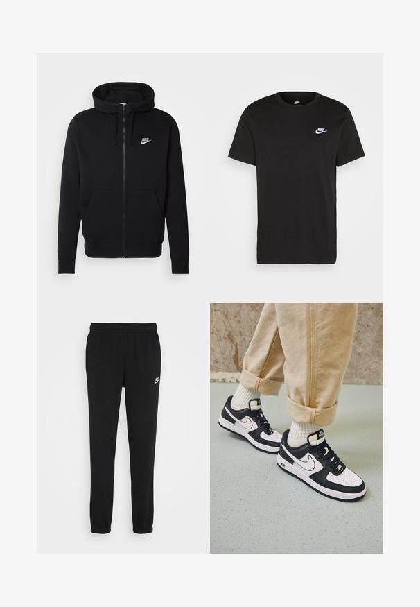 Sudadera negra con cremallera hecha de tela suave, que cuenta con un bolsillo frontal tipo pouch, capucha con cordón y el logotipo blanco de Nike en el pecho.; Camiseta de algodón negra con mangas cortas, cuello redondo y un pequeño logo blanco de Nike en la parte superior del lado izquierdo del pecho. Textura suave. Corte clásico.; Pantalones de chándal negros con una cintura elástica, tobillos ajustados y un pequeño logo blanco de Nike en el lado izquierdo. Hechos de una tela suave y texturizada.; Zapatillas Nike Air Force 1 en blanco y negro con parte superior de cuero, puntera perforada y detalle de suela texturizada, combinadas con pantalones beiges remangados y calcetines blancos.