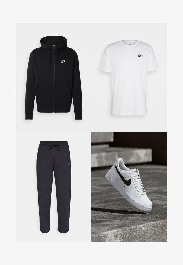 Zwarte rits hoodie van zachte stof, met een voorzak, trekkoord capuchon en wit Nike-logo op de borst.; Witte katoenen t-shirt met ronde hals, korte mouwen en een zwart Nike-logo op de linkerkant van de borst. Eenvoudig, effen kleur ontwerp.; Zwarte sweatpants van zacht stof met een elastische tailleband, trekkoord en een klein Nike-logo op de linker bovenbeen.; Witte Nike Air Force 1 sneaker met zwarte swoosh, veters gestrikt, zwevend in de lucht boven een gestructureerd betonnen oppervlak buiten.