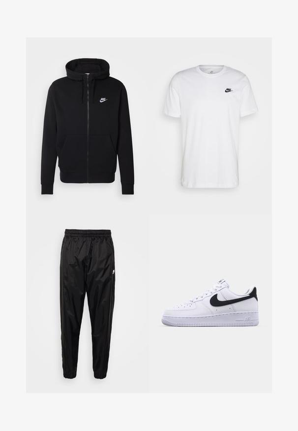 Sudadera negra con cremallera hecha de tela suave, que cuenta con un bolsillo frontal tipo pouch, capucha con cordón y el logotipo blanco de Nike en el pecho.; Camiseta de algodón blanca con cuello redondo, mangas cortas y un logo negro de Nike en el lado izquierdo del pecho. Diseño simple en un color sólido.; Pantalones de chándal negros hechos de un material ligero y brillante, con una cintura elástica, corte ajustado y bolsillos con cremallera. Cuenta con un acento de logo.; Zapatilla blanca de cuero con un Swoosh negro texturizado, cordones planos y una suela de goma con un patrón estriado. "AIR" está grabado en el talón.