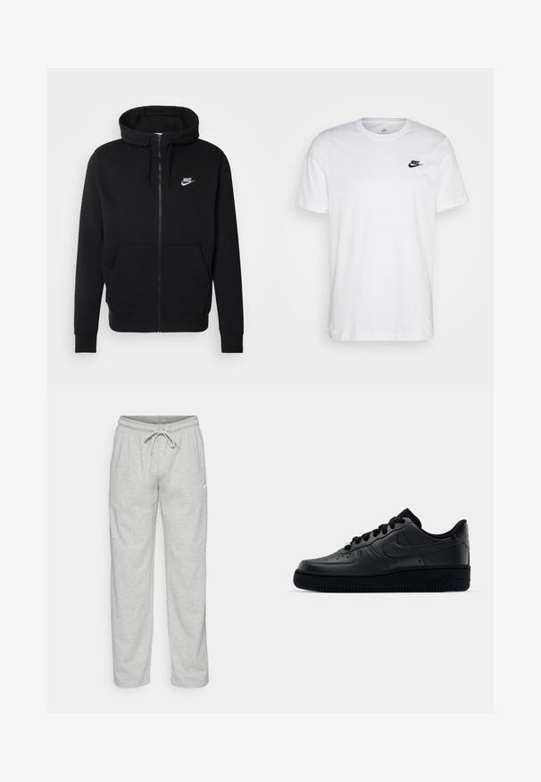 Must have musta kangaga, millel on ees tasku, reguleeritav kapuuts ja valge Nike logo rinnal.; Valge puuvillane T-särk, millel on ringkaelus, lühikesed varrukad ja must Nike logo vasakul rinnal. Lihtne, ühtlane värvi disain.; Heledad hallhallid, mis on valmistatud pehmest kangast. Omab elastset vöökohta, millel on nöör ja must Nike logo vasakul reitel.; Mustad Nike Air Force 1 tossud musta sileda nahast, perforatsioonidega varvas hingavuse tagamiseks, mustad paelad ja tekstureeritud kummitald.