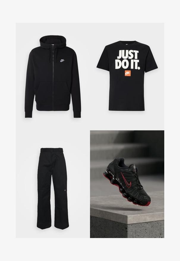 Must have musta kangaga, millel on ees tasku, reguleeritav kapuuts ja valge Nike logo rinnal.; Must musta T-särk lühikeste varrukatega. Efektiivne suur valge tekst "JUST DO IT." väikese oranži Nike logo kohal. Tavaline ringkaeluse disain.; Mustad püksid tugevast kangast, sirge lõikega, vööaasade ja väikese logoga alumises servas.; Must ja punane Nike spordijalats nähtava vedeliku sarnase tallaga, mis tasakaalustab betoonist astme serval.