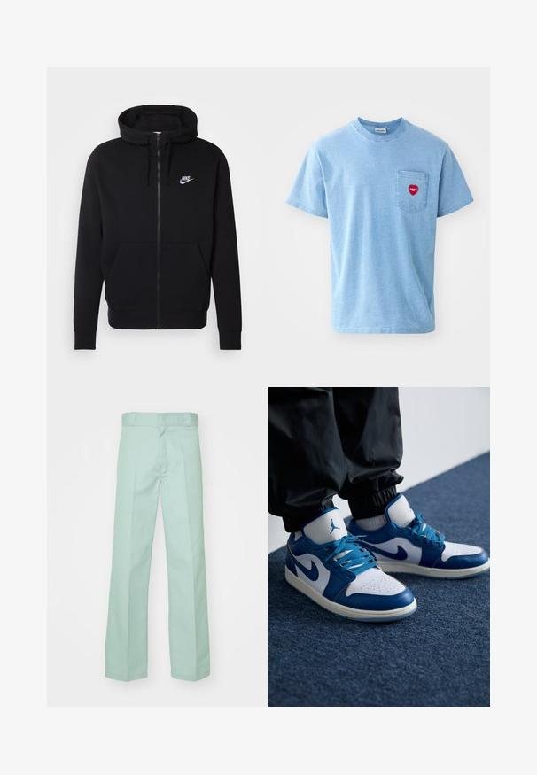 Sudadera negra con cremallera hecha de tela suave, que cuenta con un bolsillo frontal tipo pouch, capucha con cordón y el logotipo blanco de Nike en el pecho.; Camiseta de algodón azul claro con cuello redondo, mangas cortas y un bolsillo en el pecho con un gráfico de corazón rojo. Corte estándar, textura suave.; Pantalones de color verde claro hechos de algodón con un diseño de pierna recta, que presentan una textura suave y una cinturilla estándar con trabillas para el cinturón.; Las zapatillas Nike Air Jordan cuentan con una base de cuero blanco con acentos sintéticos azules, una caja de dedos perforada y cordones azules.
