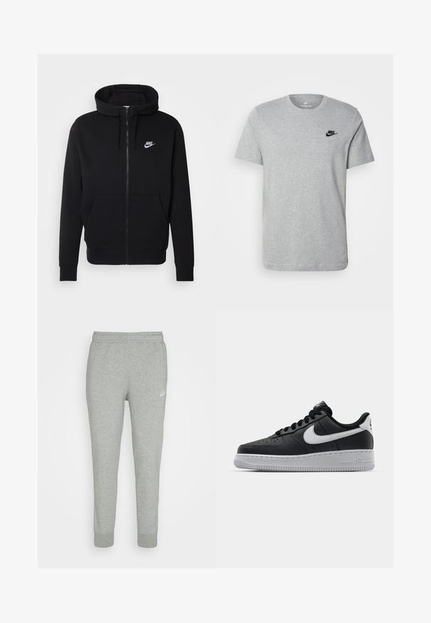 Must have musta kangaga, millel on ees tasku, reguleeritav kapuuts ja valge Nike logo rinnal.; Halli lühikeste varrukatega T-särk, mis on valmistatud puuvillast ja millel on rinnal must Nike'i logo ning ümar kaelus. Minimalistlik disain, ilma mustriteta.; Hallid hallid dressipüksid, mis on valmistatud pehmest kangast, kitseneva sääre disainiga, elastse vöökoha ja väikese valge Nike logo abil vasakul reitel.; Must musta sneaker tekstureeritud pinnaga, valge Nike logo, hall tald, ümar varv ja paeltega disain. Omab perforatsioone varbakasti peal.