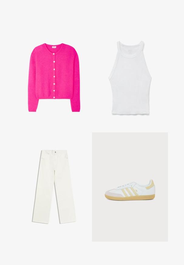 Lyserød cardigan med lange ærmer, rund halsudskæring og syv hvide knapper foran, lavet af blødt struktureret stof.; Hvid ærmeløs ribbet tanktop med høj halsudskæring og tætsiddende silhuet, lagt fladt på en hvid baggrund.; Hvide jeans med højt liv og lige ben, med forlommer og knaplukning på hvid baggrund.; Hvid Adidas Samba sneaker med beige ruskinddetaljer, tre teksturerede striber og gummsål set fra siden på en hvid baggrund.
