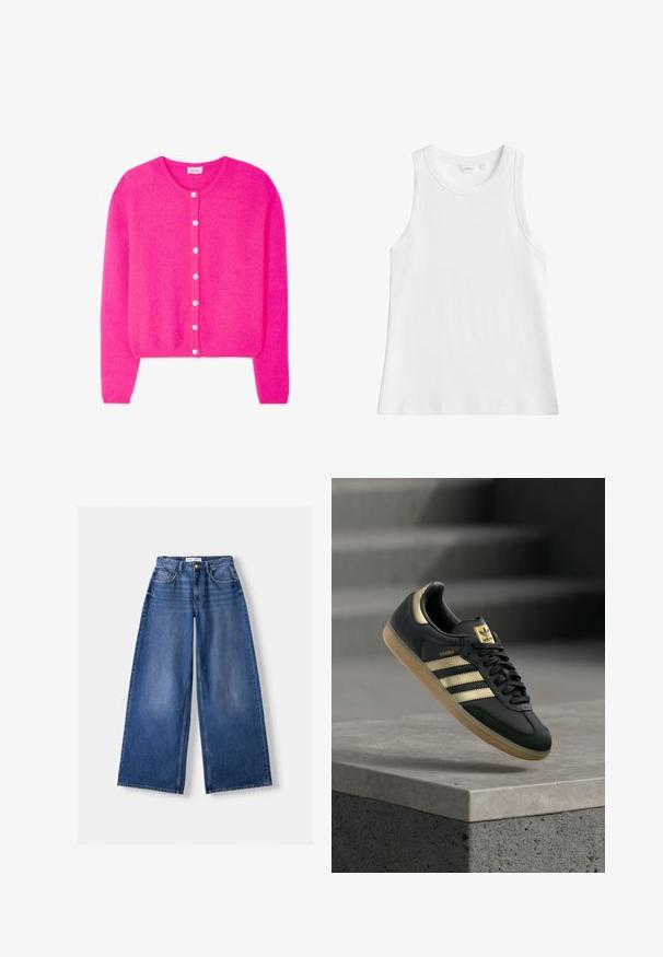 Lyserød cardigan med lange ærmer, rund halsudskæring og syv hvide knapper foran, lavet af blødt struktureret stof.; Hvid ribbet ærmeløs tanktop med rund halsudskæring, størrelse small, vist på ensfarvet baggrund.; Bredbenet blå denimjeans med forlommer, bæltestropper og knaplukning, lagt fladt på en lys baggrund.; Sort Adidas Samba-sneaker med gulstriber og gummisål, der svæver over en betongflade med slørede trapper i baggrunden.