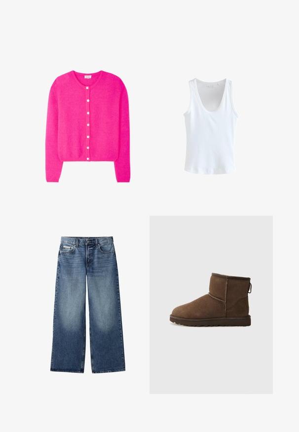 Cardigan à manches longues de couleur rose vif avec un col rond et sept boutons blancs sur le devant, fabriqué en tissu texturé doux.; Débardeur blanc sans manches avec un col rond et une coupe ajustée, présenté sur un fond blanc uni.; Jean en denim bleu à jambes larges avec bouton devant, fermeture éclair, passants de ceinture et design à cinq poches, incluant un petit logo Calvin Klein sur la poche à monnaie.; UGG CLASSIC MINI II - Bottes de neige - dusted cocoa