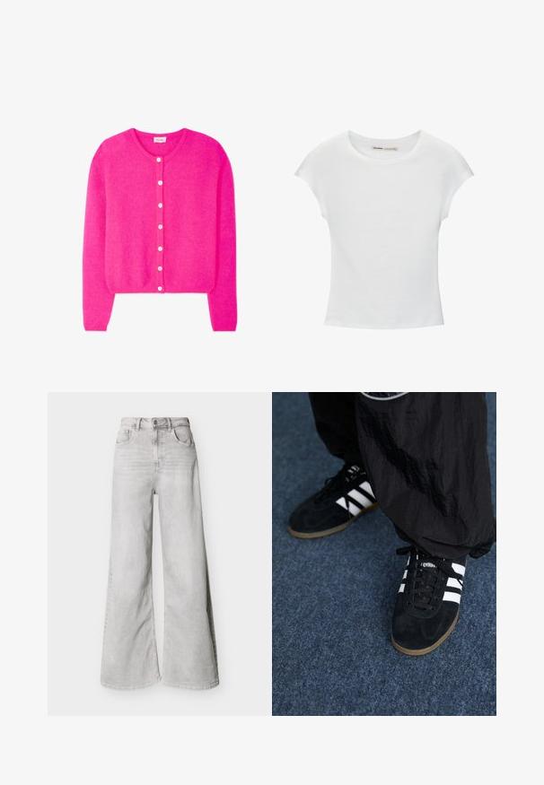 Kirkkaan pinkki pitkähiha cardigan pyöreällä pääntiellä ja seitsemällä valkoisella napilla edessä, valmistettu pehmeästä teksturoidusta kankaasta.; Valkoinen puuvillainen t-paita, jossa on lyhyet, käärittynä olevat hihat, pyöreä pääntie ja suora helma. Tasainen pinta ilman näkyviä kuvioita tai yksityiskohtia.; Vaaleanharmaat leveälahkeiset farkut, valmistettu denimi-kankaasta, joissa on korkea vyötärö, etutaskut ja nappikiinnitys. Sileä pinta, jossa on hienovarainen haalistunut ilme.; Musta samettiset urheilukengät, joissa on kolme valkoista raitaa ja mustat nauhat. Teksturoitu musta housu on osittain näkyvissä kenkien vieressä.
