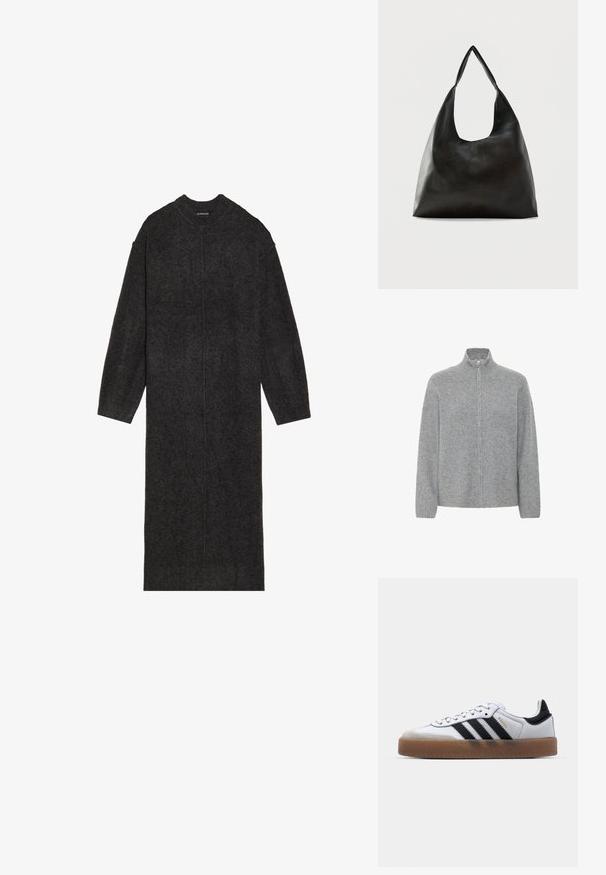 ICHI IHDUCIE CA - Vest - grey melange; Lange, donkergrijze gebreide jurk van zachte wol, met een ronde halslijn en lange mouwen, met een rechte snit en minimale details.; Witte leren sneakers met zwarte strepen, gumrubberen buitenzool, ronde neus, vetersluiting en een zachte grijze suède neuskap.; Zwarte schoudertas van glad leer met een brede, enkele band en een nonchalant, minimalistisch ontwerp tegen een effen achtergrond.