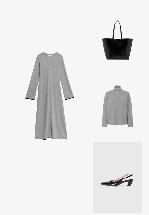 ICHI IHDUCIE CA - Cardigan - grey melange; Grå langærmet kjole lavet af blød strikstof, med rund halsudskæring, gulvlængde design og sorte detaljer ved manchetterne.; Sorte patentlæder slingback-sko med spids tå, lav blokhæle og udskæringsdesign på siden. Glat tekstur og enkle linjer.; Sort lædertaske med to lange håndtag og glat tekstur, vist mod en hvid baggrund.