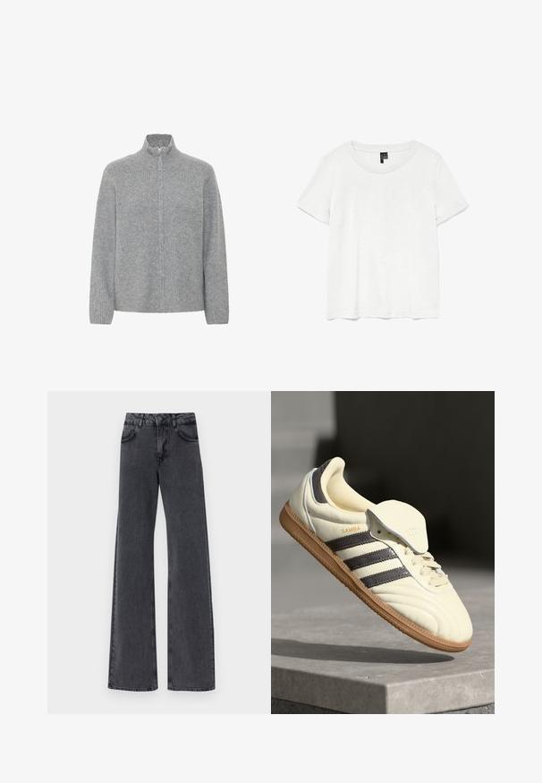 ICHI IHDUCIE CA - Chaqueta de punto - grey melange; Camiseta blanca de manga corta con un cuello redondo, hecha de tejido ligero. Diseño simple, textura suave y dobladillo recto.; Jeans acampanados de mezclilla negra con cintura alta, que cuentan con dos bolsillos frontales y sutiles detalles de costura a lo largo de las costuras.; Zapatilla de cuero crema con tres rayas oscuras, suela de goma marrón y punta redondeada. Cuenta con una lengüeta plegable etiquetada como "SAMBA".