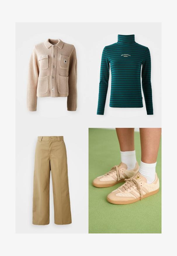 Veste en tricot côtelé beige avec un col, deux poches poitrine et des boutons argentés. Présente un tissu texturé et un patch logo sur la poche.; Top à manches longues et col roulé en teal avec des rayures horizontales bleu foncé. Présente un petit logo blanc et doré sur la poitrine. Tissu doux et extensible.; Pantalons larges beiges en tissu mélangé coton, avec une fermeture à bouton, des passants de ceinture et des poches avant.; Pieds portant des baskets Adidas tissées beiges avec des semelles en gomme et des chaussettes blanches à la cheville sur un sol vert texturé.