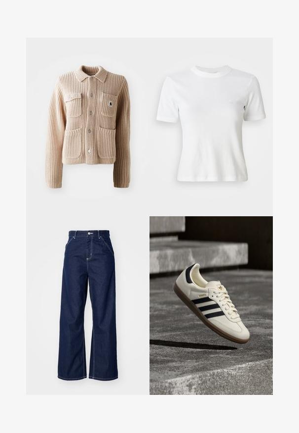 Veste en tricot côtelé beige avec un col, deux poches poitrine et des boutons argentés. Présente un tissu texturé et un patch logo sur la poche.; T-shirt blance à manches courtes en côte, avec un col rond et un petit logo sur la poitrine. Fabriqué en tissu doux avec une coupe ajustée.; Jean large en denim bleu foncé, avec une taille haute, des coutures blanches contrastantes et un design traditionnel à cinq poches.; Baskets blanches Adidas Samba avec des bandes noires et une semelle en gomme, flottant au-dessus de marches en béton gris texturé.