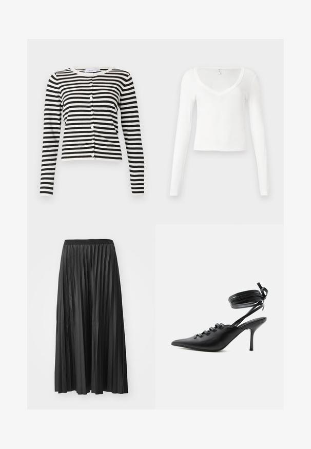 Stribet cardigan i sort og hvid med lange ærmer, rund halsudskæring, knaplukning foran og blødt strikket tekstur.; Hvid, cropped, tæt siddende V-hals skjorte med lange ærmer og enkel, glat stoftekstur på en neutral baggrund.; Sort plisseret maxiskørt med en glat tekstur og elastisk talje, der har lodrette folder som skaber volumen og bevægelse.; Sort spids sko med høje hæle, snørelukning foran og omlægning omkring anklerne bundet med sløjfe, vist fra siden på hvid baggrund.