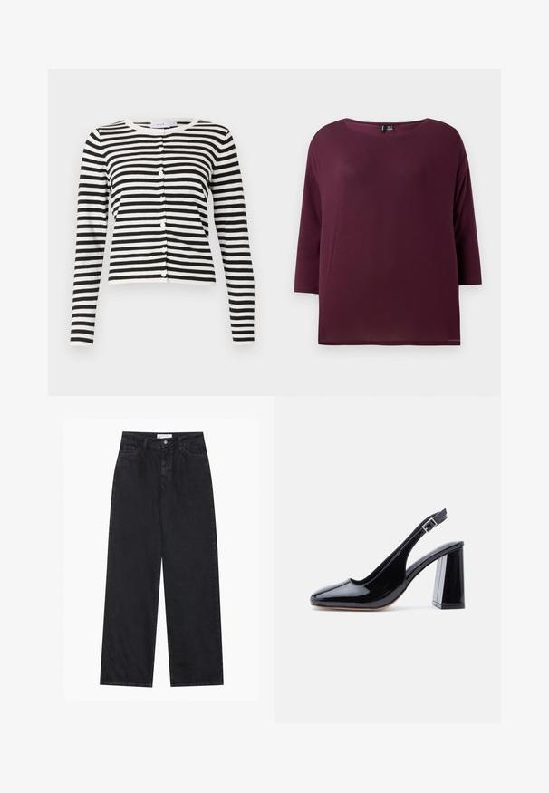 Stribet cardigan i sort og hvid med lange ærmer, rund halsudskæring, knaplukning foran og blødt strikket tekstur.; Bordeaux top med rund halsudskæring og trekvartærmer, lavet af blødt stof, med en afslappet pasform og lige kant.; Sorte højtaljede bredbenede denimjeans med frontknap og lynlås, bæltestropper og fem-lomme stil.; Sort laklæder slingback-sko med rundet tå, justerbar rem med spænde og kraftig blokhæl på hvid baggrund.