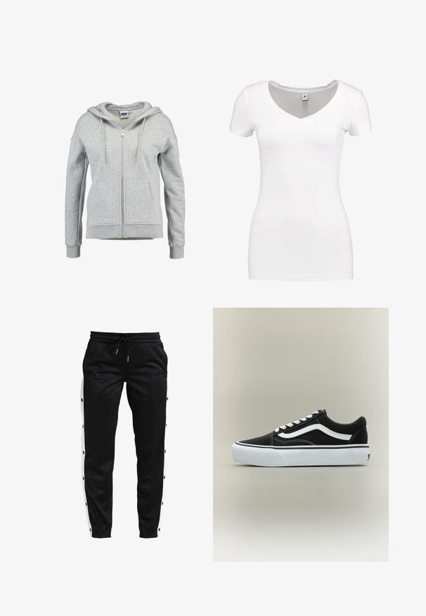 Hellgrauer Kapuzenpullover mit Reißverschluss, Fronttaschen, Kordelzug an der Kapuze sowie gerippten Bündchen und Saum, gezeigt vor weißem Hintergrund.; G-STAR BASE - T-Shirt basic - white; Schwarze Sportleggings mit weißen Seitenpanels, ausgestattet mit Druckknopfdetails entlang der äußeren Nähte und einem verstellbaren Kordelzugbund.; Niedriger schwarzer Sneaker mit weißem Seitenstreifen, weißen Schnürsenkeln, weißer Gummisohle und strukturierter Zehenkappe auf neutralem Hintergrund.