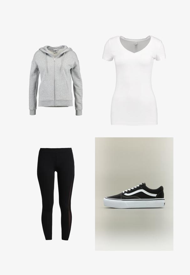 Hellgrauer Kapuzenpullover mit Reißverschluss, Fronttaschen, Kordelzug an der Kapuze sowie gerippten Bündchen und Saum, gezeigt vor weißem Hintergrund.; G-STAR BASE - T-Shirt basic - white; Schwarze Leggings aus dehnbarem Stoff mit glatter Textur. Verfügt über Mesh-Einsätze an den Seiten, die ein kontrastierendes Designelement bieten.; Niedriger schwarzer Sneaker mit weißem Seitenstreifen, weißen Schnürsenkeln, weißer Gummisohle und strukturierter Zehenkappe auf neutralem Hintergrund.