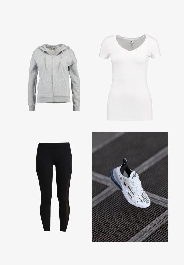 Hellgrauer Kapuzenpullover mit Reißverschluss, Fronttaschen, Kordelzug an der Kapuze sowie gerippten Bündchen und Saum, gezeigt vor weißem Hintergrund.; G-STAR BASE - T-Shirt basic - white; Schwarze Leggings aus dehnbarem Stoff mit glatter Textur. Verfügt über Mesh-Einsätze an den Seiten, die ein kontrastierendes Designelement bieten.; Weißer Sportschuh mit einem Obermaterial aus Mesh, schwarzen Akzenten und einer sichtbaren Luftpolsterung in der Sohle. Verfügt über ein Schnürdesign und eine Zuglasche.