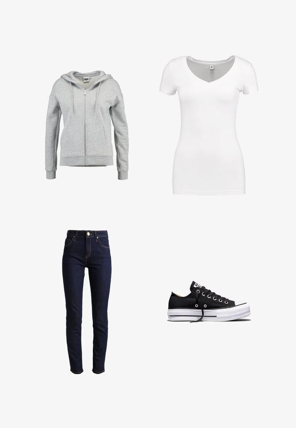 Lichtgrijze hoodie met rits, voorzakken, capuchon met trekkoord en geribde boorden en zoom, afgebeeld op een witte achtergrond.; G-STAR BASE - T-shirt basic - white; Donkerblauwe denim jeans met een slim fit, hoge taille en zichtbare stiksels. Bevat een knoop- en ritsluiting en zijzakken.; Zwarte lage canvas sneaker met witte rubberen plateauzool, zwarte veters en metalen oogjes op een witte achtergrond.