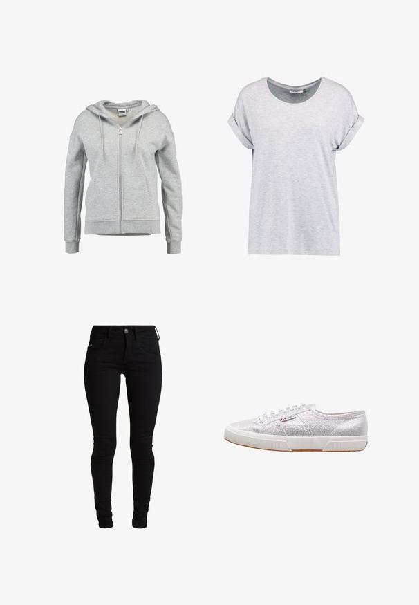 Sudadera con capucha y cremallera en gris claro, con bolsillos delanteros, capucha con cordón y puños y dobladillo acanalados, mostrada sobre un fondo blanco.; Camiseta de manga corta en gris claro, con cuello redondo y puños enrollados, fabricada en tejido suave, con un corte holgado y un diseño minimalista.; Jeans skinnies negros de denim, con un diseño clásico de cinco bolsillos, trabillas para el cinturón y cierre frontal con botón. Textura suave y elástica.; Zapatillas plateadas con purpurina y suela de goma blanca, con puntera redonda, diseño de cordones y un parche con el logo en el lateral.