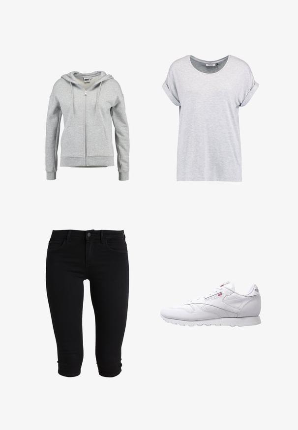 Sudadera con capucha y cremallera en gris claro, con bolsillos delanteros, capucha con cordón y puños y dobladillo acanalados, mostrada sobre un fondo blanco.; Camiseta de manga corta en gris claro, con cuello redondo y puños enrollados, fabricada en tejido suave, con un corte holgado y un diseño minimalista.; Pantalones capri de mezclilla negra con un diseño ajustado, que cuentan con bolsillos frontales, cierre de botón y dobladillos enrollados para un aspecto estilizado.; Zapatillas deportivas blancas con parte superior de cuero suave, puntera redondeada y suela de goma texturizada. Presentan un sutil logo en el lateral y en la lengüeta.