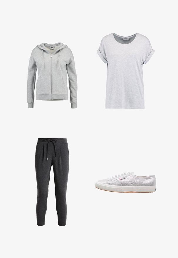 Sudadera con capucha y cremallera en gris claro, con bolsillos delanteros, capucha con cordón y puños y dobladillo acanalados, mostrada sobre un fondo blanco.; Camiseta de manga corta en gris claro, con cuello redondo y puños enrollados, fabricada en tejido suave, con un corte holgado y un diseño minimalista.; Pantalones de chándal taperados en gris oscuro con cintura ajustable, frente plisado, textura suave y diseño hasta el tobillo. Adecuados para el uso casual.; Zapatillas plateadas con purpurina y suela de goma blanca, con puntera redonda, diseño de cordones y un parche con el logo en el lateral.