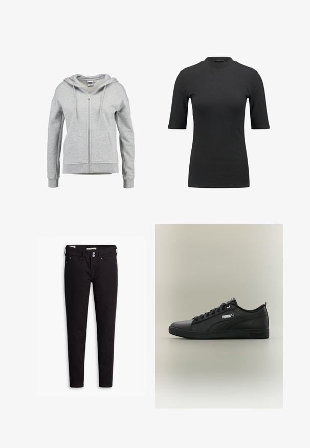 Hellgrauer Kapuzenpullover mit Reißverschluss, Fronttaschen, Kordelzug an der Kapuze sowie gerippten Bündchen und Saum, gezeigt vor weißem Hintergrund.; Schwarzes geripptes T-Shirt mit hohem Hals und kurzen Ärmeln. Glattes, figurbetontes Design ohne Muster oder sichtbare Hardware-Details.; Schwarze Denim-Jeans mit schmaler Passform, ausgestattet mit einem Knopfverschluss, fünf Taschen und dezenten Nahtdetails. Glatte Textur und strapazierfähiges Material.; Schwarzer flacher Puma-Sneaker mit Schnürsenkeln, seitlichem Logo und strukturierter Sohle auf neutralem Hintergrund, von der Außenseite gezeigt.