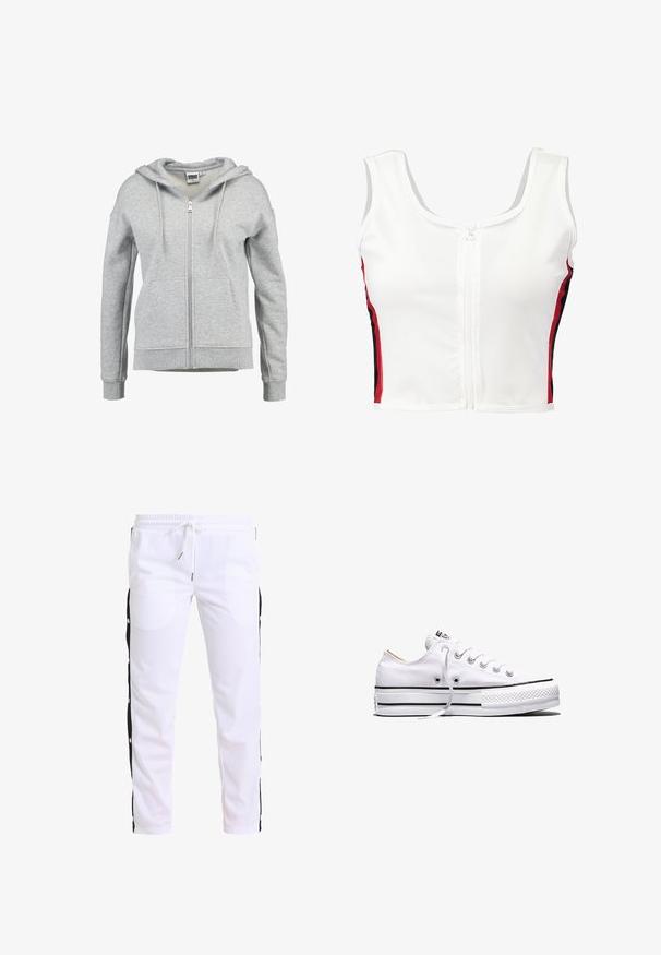 Sudadera con capucha y cremallera en gris claro, con bolsillos delanteros, capucha con cordón y puños y dobladillo acanalados, mostrada sobre un fondo blanco.; Top de tirantes blanco recortado con cremallera frontal, que presenta rayas laterales rojas y negras. Está hecho de un material suave y elástico.; Pantalones deportivos blancos con un corte holgado, paneles laterales negros y botones a presión. Incluyen una cinturilla elástica con cordón.; Zapatilla baja de lona blanca con cordones blancos, rayas negras en la suela y puntera de goma texturizada, vista lateral sobre fondo blanco.