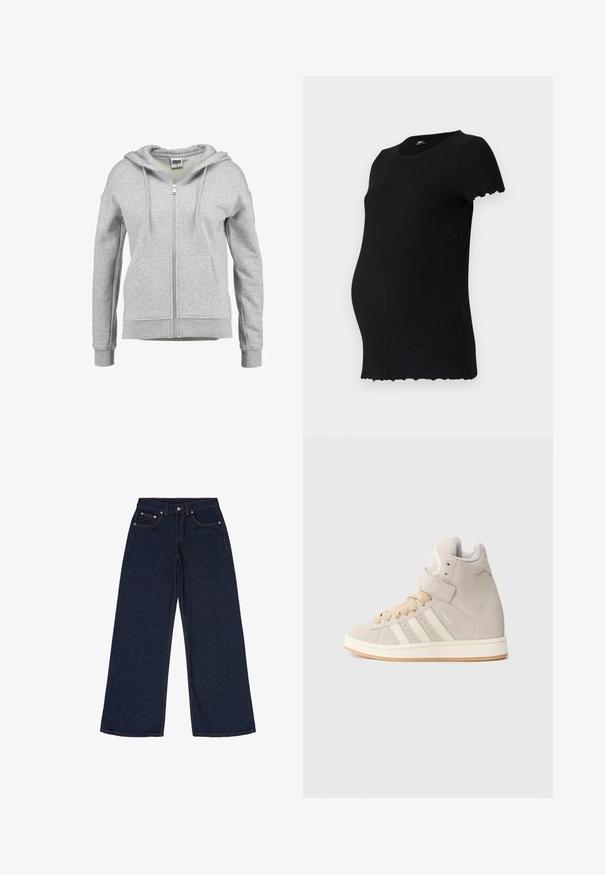 Sudadera con capucha y cremallera en gris claro, con bolsillos delanteros, capucha con cordón y puños y dobladillo acanalados, mostrada sobre un fondo blanco.; Camiseta de maternidad negra con tejido acanalado, manga corta, dobladillo ondulado y diseño ajustado para acomodar una barriga en crecimiento. Textura suave.; Jeans de pierna ancha de color azul oscuro hechos de denim. Las características incluyen cinco bolsillos, trabillas para el cinturón y costuras en naranja contrastante. Sin estampados ni adornos.; Zapatillas de ante de caña alta en beige claro con rayas crema, punta redonda, cierre de cordones y correa de Velcro; suela de goma.