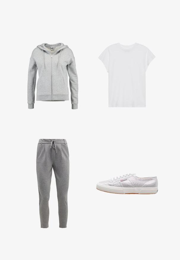 Sudadera con capucha y cremallera en gris claro, con bolsillos delanteros, capucha con cordón y puños y dobladillo acanalados, mostrada sobre un fondo blanco.; Camiseta blanca de manga corta con cuello redondo, corte relajado, hecha de suave tela de algodón. Textura lisa, sin estampados ni logotipos.; Pantalones de chándal grises hechos de una tela suave, con cintura ajustable mediante cordón, piernas estrechas y bolsillos laterales. Textura lisa con un sutil patrón jaspeado.; Zapatillas plateadas con purpurina y suela de goma blanca, con puntera redonda, diseño de cordones y un parche con el logo en el lateral.