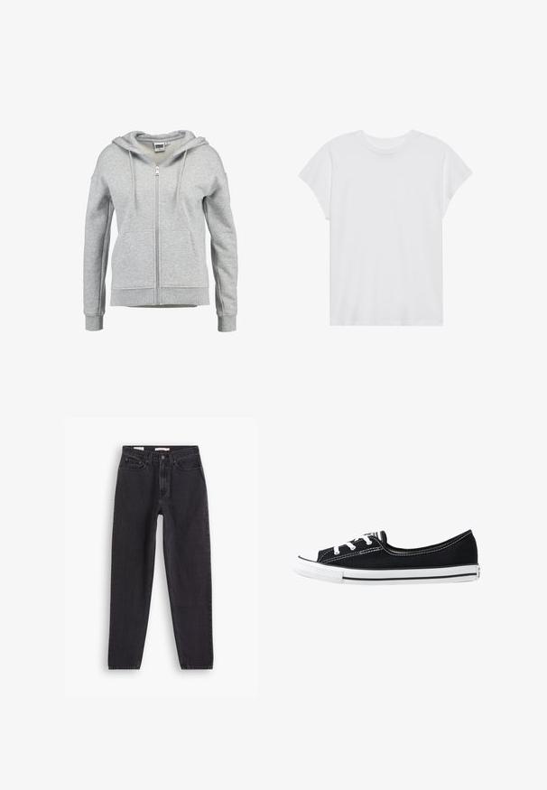 Sudadera con capucha y cremallera en gris claro, con bolsillos delanteros, capucha con cordón y puños y dobladillo acanalados, mostrada sobre un fondo blanco.; Camiseta blanca de manga corta con cuello redondo, corte relajado, hecha de suave tela de algodón. Textura lisa, sin estampados ni logotipos.; Pantalones vaqueros de denim negro con un diseño de pierna recta, que cuentan con cinco bolsillos, cierre frontal con botón y detalles de costura a lo largo de las costuras.; Zapato de lona negro con puntera y suela de goma blanca, presenta cordones blancos y costuras blancas contrastantes a lo largo del borde superior.