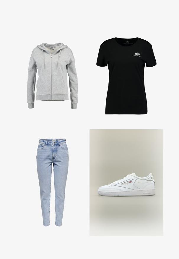 Lichtgrijze hoodie met rits, voorzakken, capuchon met trekkoord en geribde boorden en zoom, afgebeeld op een witte achtergrond.; Zwarte katoenen T-shirt met een ronde hals, korte mouwen en een klein wit logo op de linkerkant van de borst. Zachte textuur, casual ontwerp.; Lichtblauwe high-waisted slim-fit jeans met een knoop aan de voorkant, rits en vijf-pocket ontwerp.; Witte lage Reebok sneaker met stikseldetails, perforaties bij de tenen en Reebok-logo met een kleine Union Jack aan de zijkant.