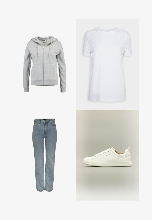 Sudadera con capucha y cremallera en gris claro, con bolsillos delanteros, capucha con cordón y puños y dobladillo acanalados, mostrada sobre un fondo blanco.; Camiseta blanca lisa de manga corta con cuello redondo, ajuste regular y una pequeña etiqueta interior en el cuello que dice "SELECTED FEMME."; Jeans de pierna recta de cintura alta en azul claro con cierre frontal de botón y cremallera, cinco bolsillos y pasadores para cinturón.; Zapatilla blanca de corte bajo con cordones, detalles laterales perforados y una lengüeta en el talón, sobre un fondo neutro.