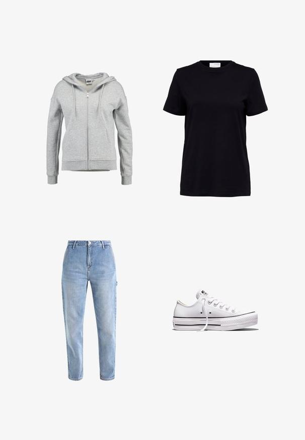 Sudadera con capucha y cremallera en gris claro, con bolsillos delanteros, capucha con cordón y puños y dobladillo acanalados, mostrada sobre un fondo blanco.; Camiseta negra de manga corta con cuello redondo, bajo recto y etiqueta blanca en la parte trasera del interior del cuello.; Jeans de mezclilla azul claro con cintura alta, pierna ajustada, cinco bolsillos y cierre de botón metálico clásico. Textura sutilmente desgastada en todo su diseño.; Zapatilla blanca de lona de corte bajo con cordones blancos, suela de goma, detalles de rayas negras y parche de logo en la lengüeta y el talón.