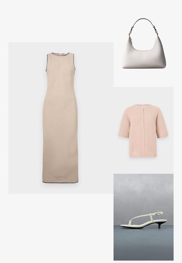 Kurze Strickjacke aus weichem pinkem Material mit Rundhalsausschnitt und einer Reihe von Knöpfen auf der Vorderseite, mit einer leicht strukturierten Oberfläche.; Beige ärmelloses Maxikleid mit glatter Textur, runder Halslinie und dezenter schwarzer Borte entlang der Kanten.; Weiße Riemchenpantolette mit kitten heel und spitz zulaufender Zehenpartie, schwebt über einem Holzkachelboden im Freien mit verschwommenem Pflanzen- und Wandhintergrund.; Cremefarbene Calvin Klein Lederschultertasche mit gebogener Oberkante, silbernem Reißverschluss und dunkelbraunem verstellbarem Riemen.