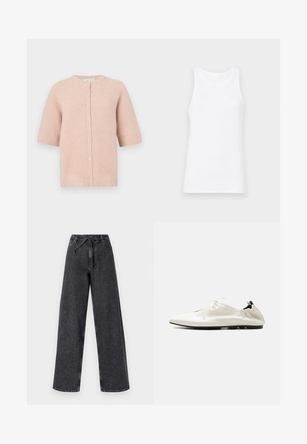 Cardigan de manga corta en suave punto rosa claro, con un cuello redondo y una fila de botones en la parte delantera, con un acabado ligeramente texturizado.; Top sin mangas de algodón blanco con un escote redondo y tirantes anchos. La tela es suave y ajustada, sin patrones ni adornos visibles.; Jeans de mezclilla negros de tiro alto y pierna ancha con cierre de cordón. Presentan una textura desgastada y detalles de costura sutiles.; Zapato minimalista blanco de piel tipo slip-on con tacón remangado, cierre con cordones y suela negra fina sobre fondo liso.