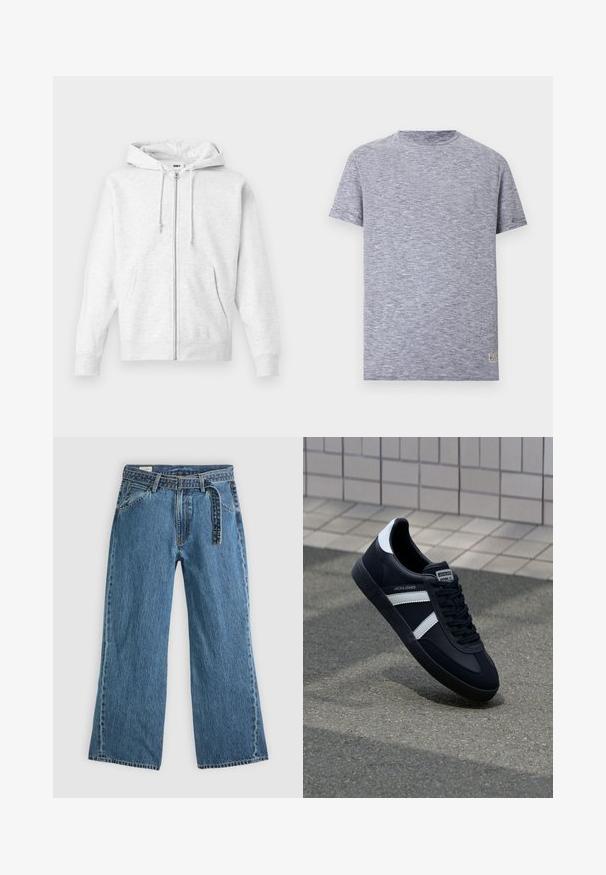 Sudadera con cremallera de color gris claro, fabricada en un tejido suave. Cuenta con capucha con cordón, dos bolsillos frontales y puños acanalados, con un logo sutil en el pecho.; Camiseta de manga corta con cuello redondo, con finas rayas horizontales en azul marino y blanco y una pequeña etiqueta rectangular cerca del dobladillo.; Pantalones vaqueros de mezclilla azul de pierna ancha con cinturón adjunto, bolsillos frontales y costuras visibles sobre un fondo claro y liso.; Zapatilla de cuero negra con rayas blancas, suela de goma texturizada y parte frontal con cordones. Cuenta con una etiqueta de marca en la lengüeta.