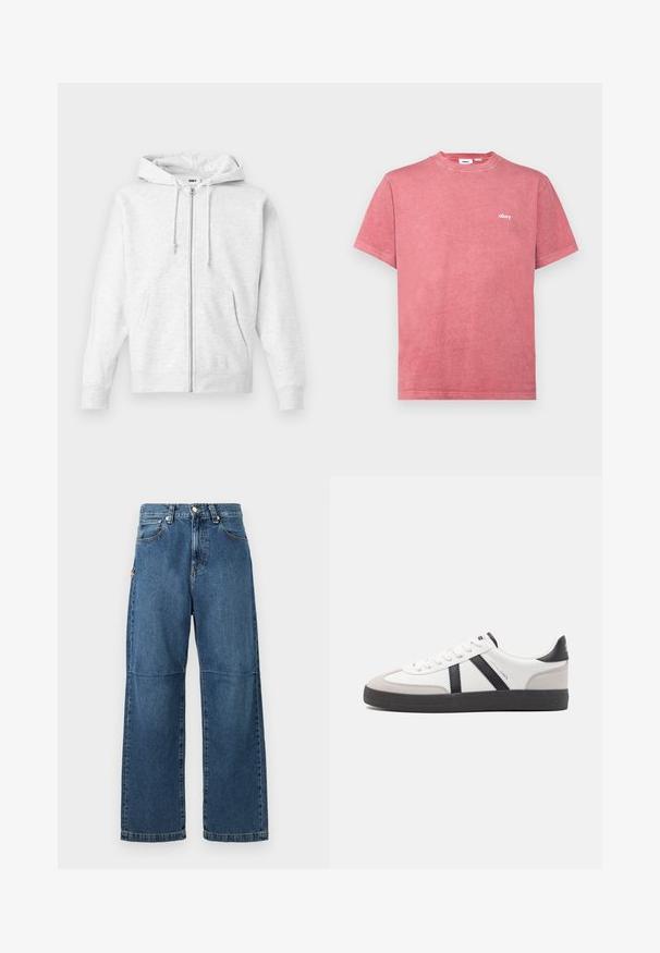 Lysegrå zip-up hoodie lavet af blødt stof. Har hætte med snoretræk, to frontlommer og ribbede manchetter, samt et diskret logo på brystet.; Rød bomulds t-shirt med rund halsudskæring og korte ærmer. Har et lille hvidt "obey" logo på venstre bryst. Blødt, tekstureret stof.; Blå denim jeans med afslappet pasform, lige ben, synlige sømme og lukkes med en knap foran. Har en sidelomme med accent.; Hvide sneakers med sorte og grå detaljer, med en tekstureret grå tåhætte, sort gummisål og flade hvide snørebånd. Rent design, minimalistisk stil.