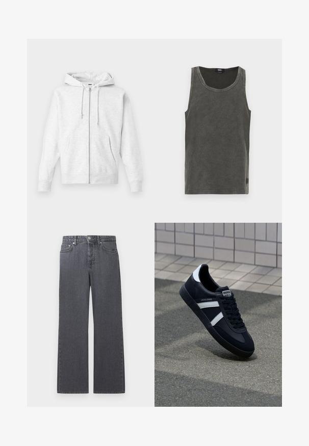 Lysegrå zip-up hoodie lavet af blødt stof. Har hætte med snoretræk, to frontlommer og ribbede manchetter, samt et diskret logo på brystet.; Ærmeløs, mørkegrå tanktop lavet af ribstrikket stof, med rund halsudskæring, lige kant og et lille mærke med logo i siden.; Mørkegrå denimjeans med lige ben og højtaljet talje, med frontknap, lynlås og fem-lomme design mod hvid baggrund.; Sort lædersneaker med hvide striber, tekstureret gummisål og snørrebånd foran. Har et brandet mærke på tungen.